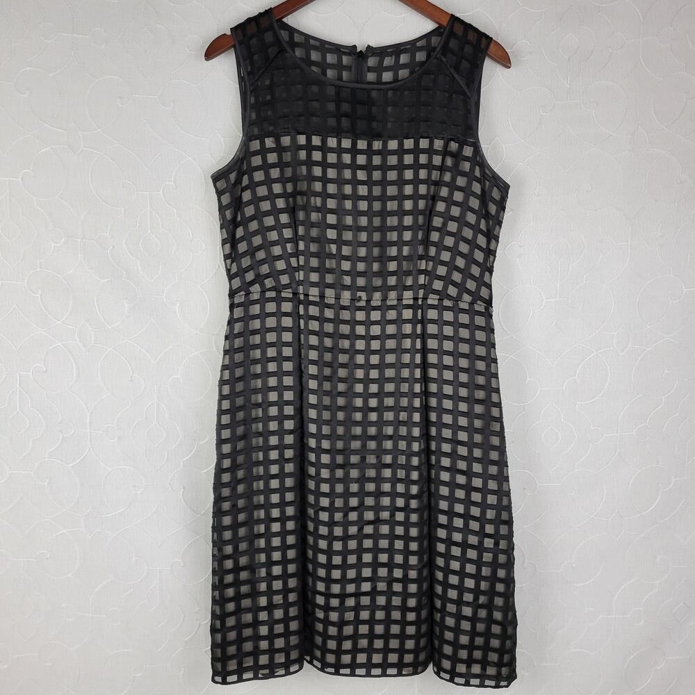 Calvin Klein Womens Dress 12 Black Checkered Sheer Sheath Sleeveless Pleated